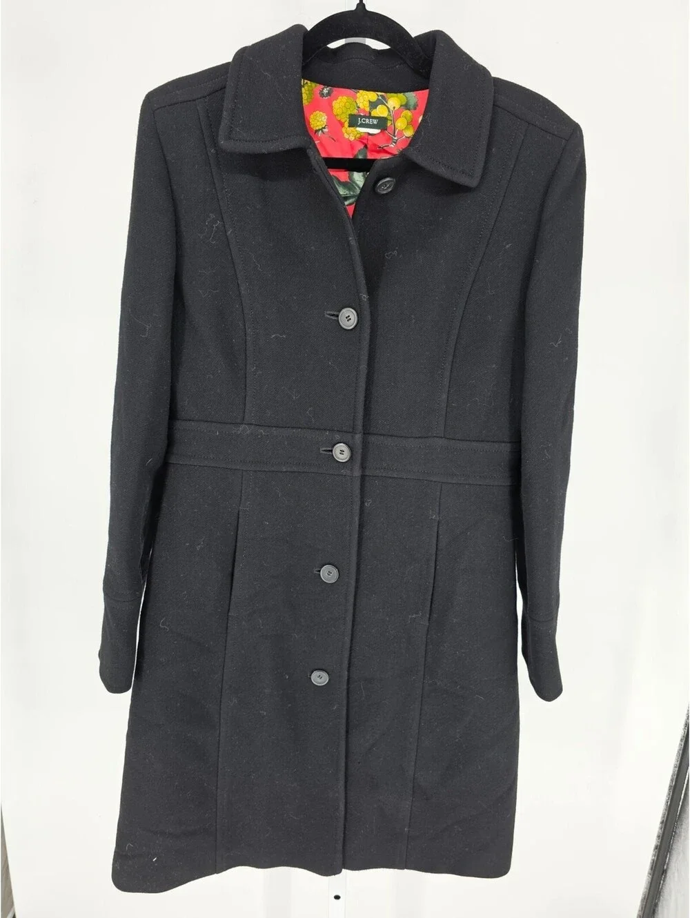 VTG J. Crew Lady Day Wool Coat Floral Lined Button Classic Black Women 6
